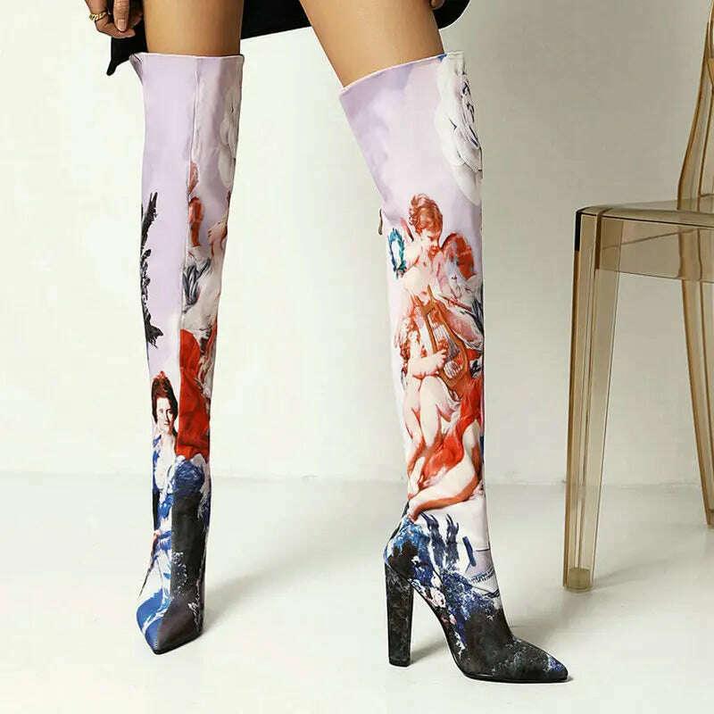KIMLUD, Plus Size 43 Women Over the Knee Boots Microfiber Mixed Color Women's Boots Square High Heel Pointed Toe Ladies Long Boots, KIMLUD Womens Clothes