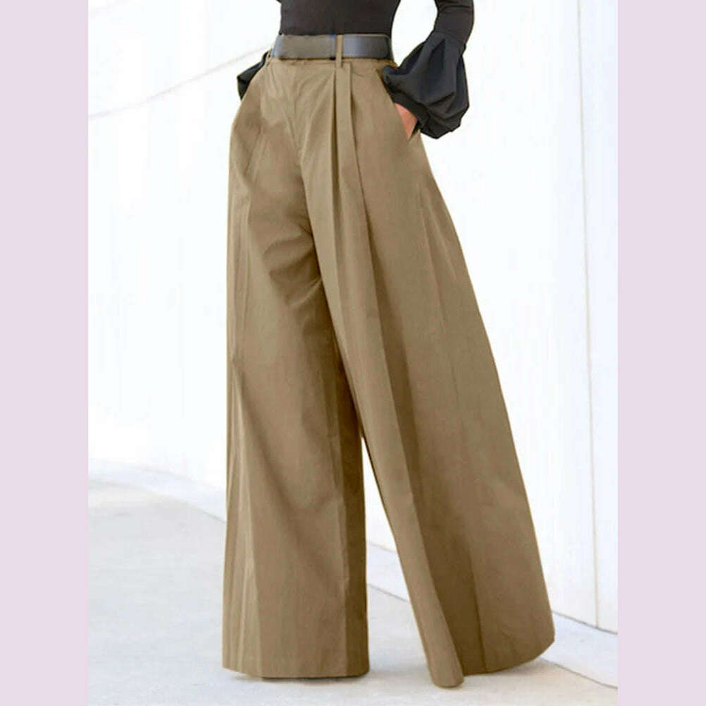 Plus Size 5XL VONDA Elegant Women Wide Leg Pants 2024 Casual Solid Color Long Trousers Loose Pockets Fashion High Waist Pantalon - KIMLUD