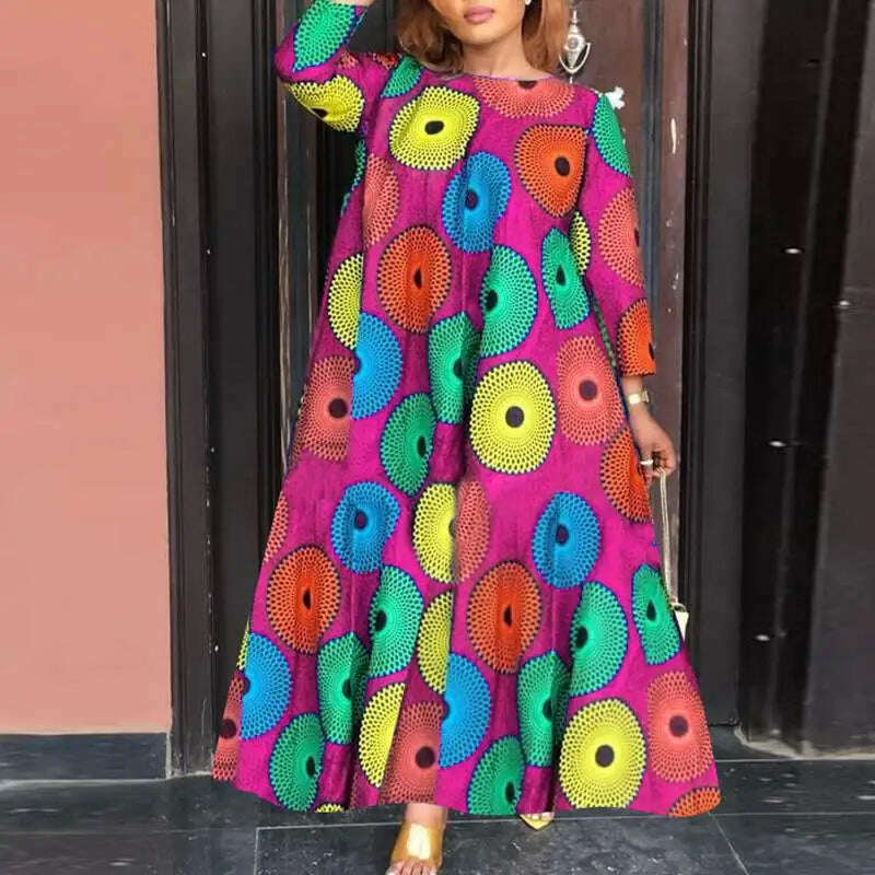 KIMLUD, Plus Size 5XL VONDA Long Dress Women Fashion Autumn Bohemian Vintage Printed Maxi Sundress Casual Loose 3/4 Sleeve Party Robe, KIMLUD Womens Clothes