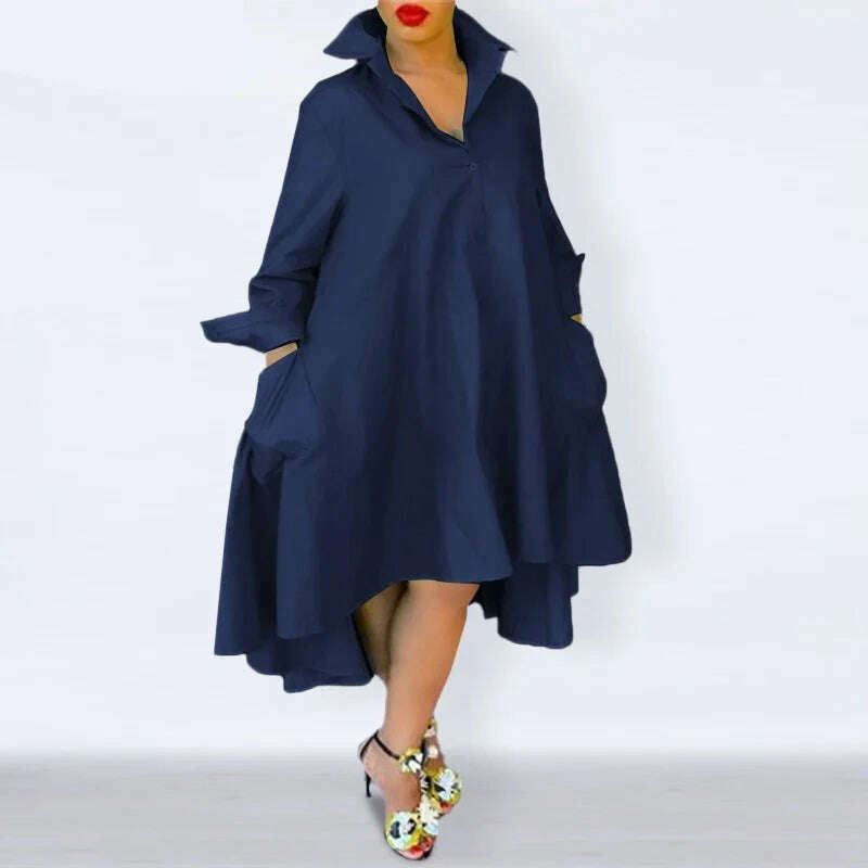 KIMLUD, Plus Size 5XL VONDA Women Dress 2023 Autumn Casual Turn Down Neck Shirt Dresses Bohemian Vestido Party Robe Long Sleeve Sundress, Navy Blue / XXXL, KIMLUD APPAREL - Womens Clothes