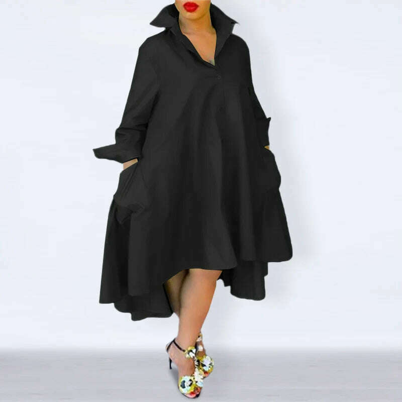 KIMLUD, Plus Size 5XL VONDA Women Dress 2023 Autumn Casual Turn Down Neck Shirt Dresses Bohemian Vestido Party Robe Long Sleeve Sundress, Black / 4XL, KIMLUD APPAREL - Womens Clothes