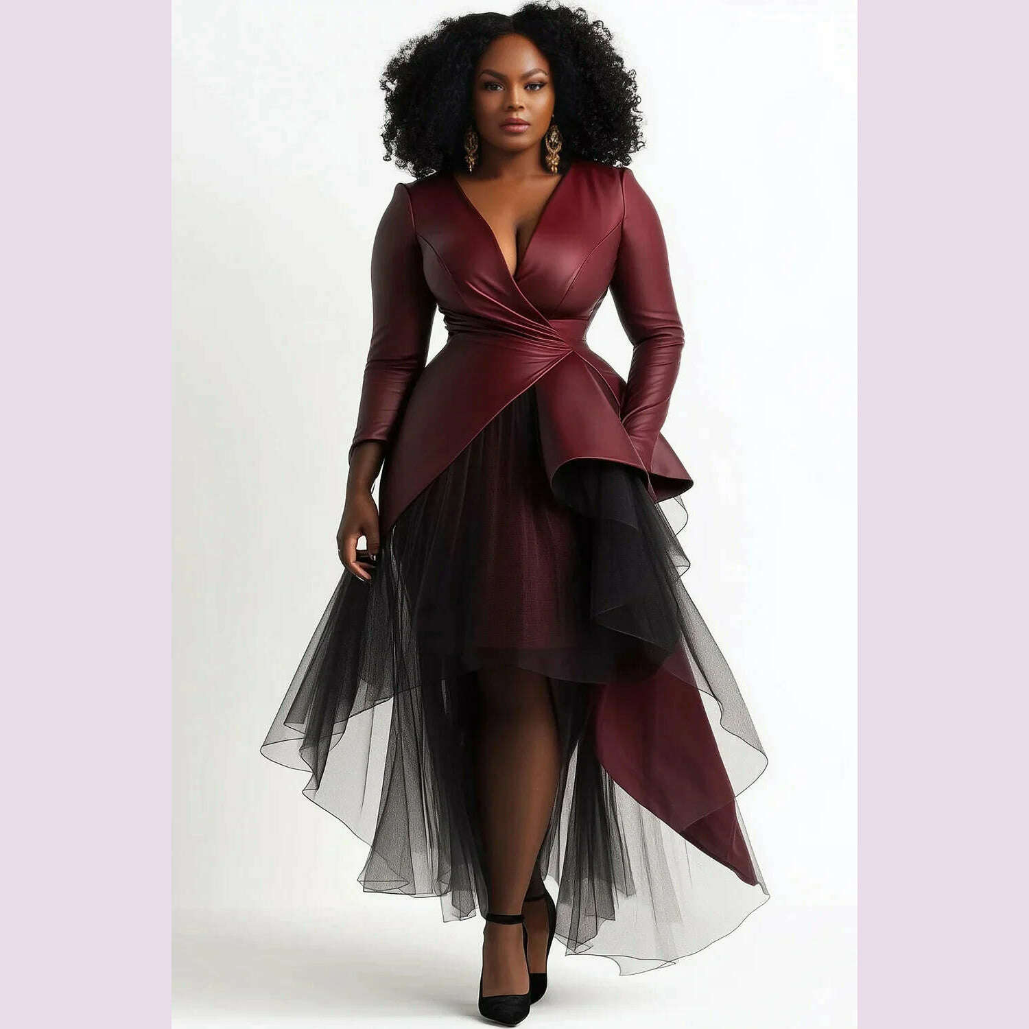 KIMLUD, Plus Size Cocktail Party Burgundy Wrap Neck Long Sleeve Asymmetric Hem Contrast Tulle PU Leather Midi Dresses, KIMLUD Womens Clothes