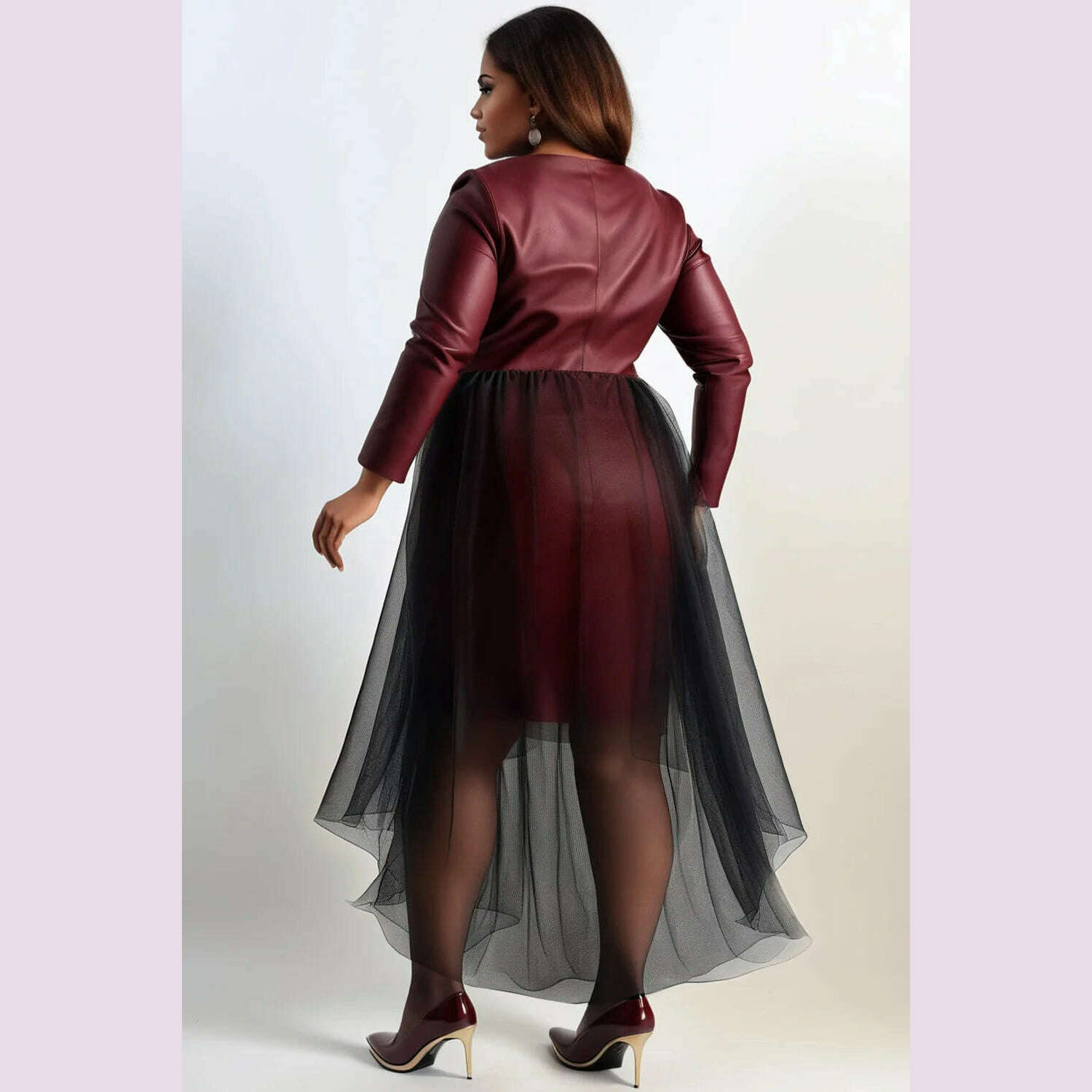 KIMLUD, Plus Size Cocktail Party Burgundy Wrap Neck Long Sleeve Asymmetric Hem Contrast Tulle PU Leather Midi Dresses, KIMLUD Womens Clothes