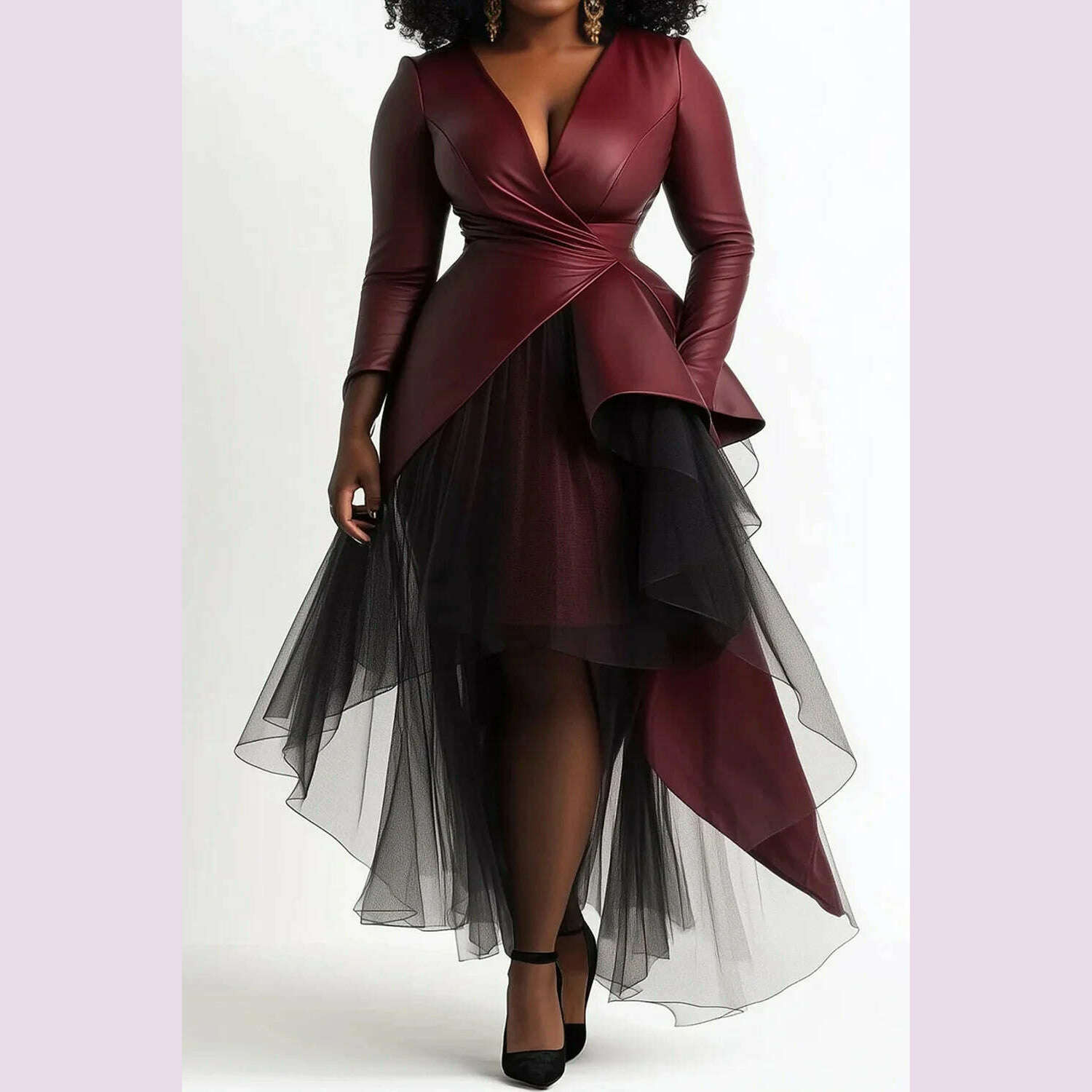 KIMLUD, Plus Size Cocktail Party Burgundy Wrap Neck Long Sleeve Asymmetric Hem Contrast Tulle PU Leather Midi Dresses, KIMLUD Womens Clothes