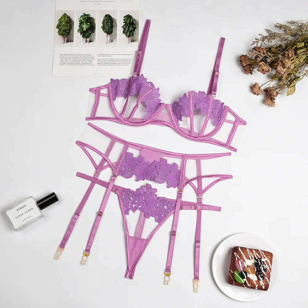 KIMLUD, Plus Size Crotchless Teddies Bodysuit Sexy Lingerie Women Mesh Lace Flora Open Bra Bodystockings Erotic violet Porn Underwear, KIMLUD Womens Clothes