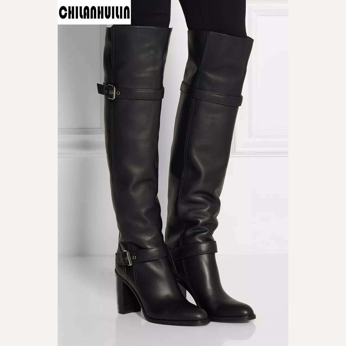 KIMLUD, plus size fashion autumn winter warm short plush boots women over the knee high heels boots black leather female high heel shoes, KIMLUD Womens Clothes