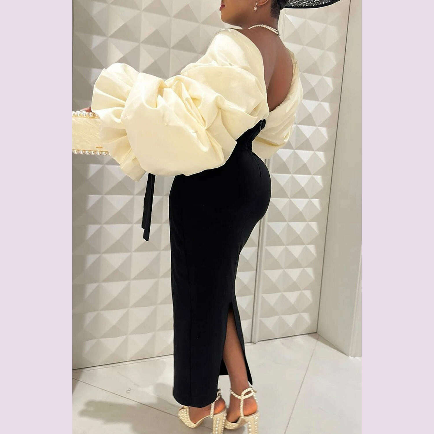 KIMLUD, Plus Size Formal Black Wrap Neck Batwing Sleeve Long Sleeve Fold Maxi Dresses, KIMLUD Womens Clothes