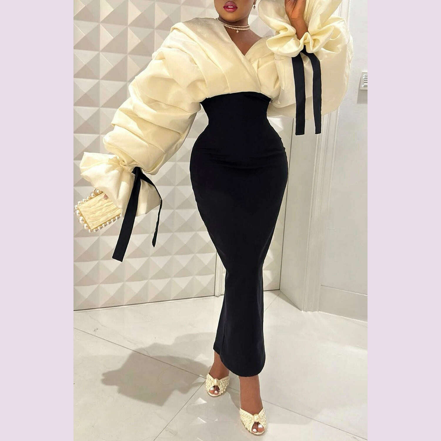 KIMLUD, Plus Size Formal Black Wrap Neck Batwing Sleeve Long Sleeve Fold Maxi Dresses, KIMLUD Womens Clothes