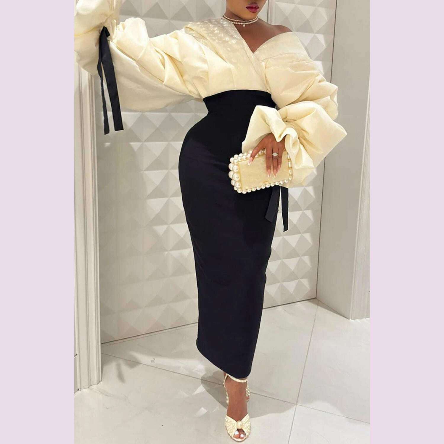 KIMLUD, Plus Size Formal Black Wrap Neck Batwing Sleeve Long Sleeve Fold Maxi Dresses, KIMLUD Womens Clothes