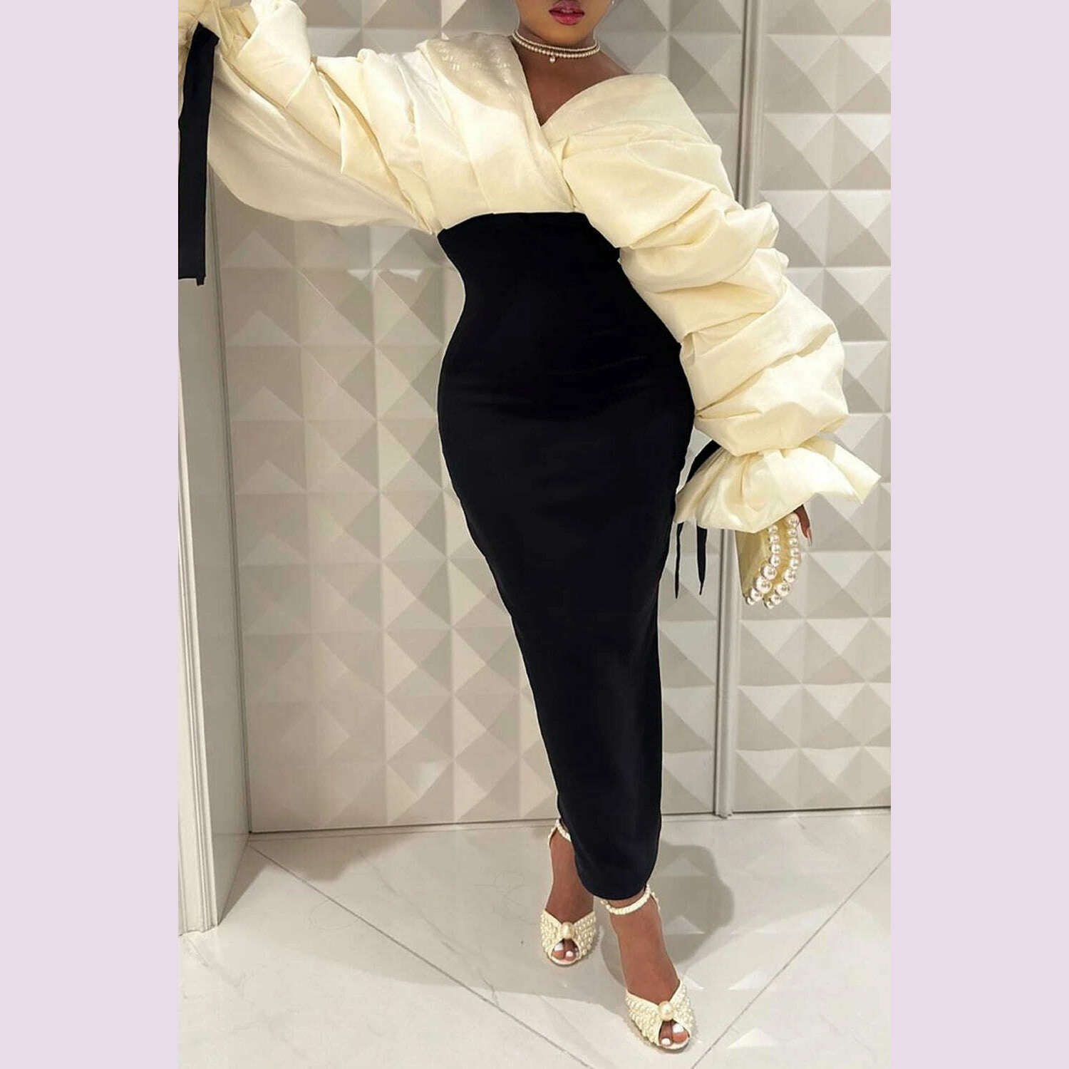 KIMLUD, Plus Size Formal Black Wrap Neck Batwing Sleeve Long Sleeve Fold Maxi Dresses, KIMLUD Womens Clothes