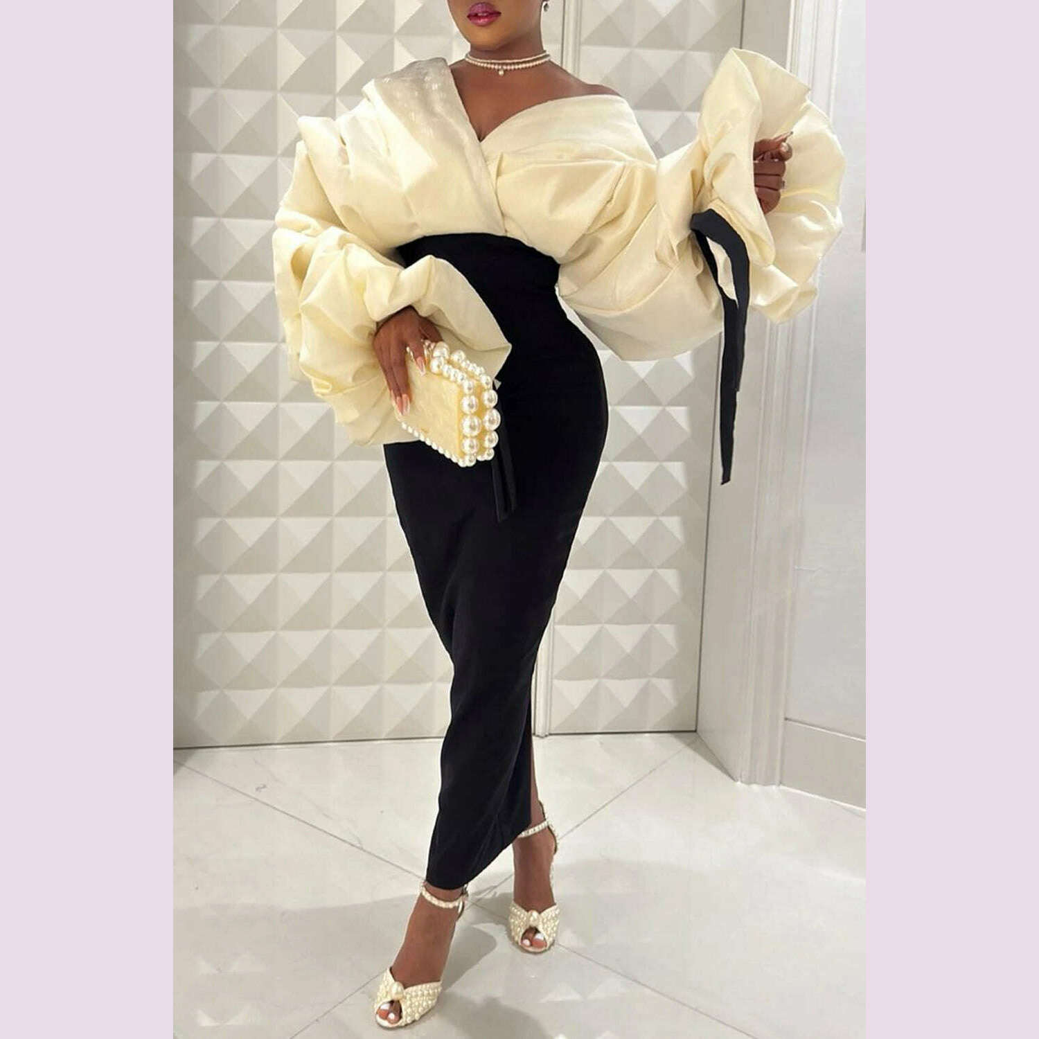 KIMLUD, Plus Size Formal Black Wrap Neck Batwing Sleeve Long Sleeve Fold Maxi Dresses, KIMLUD Womens Clothes