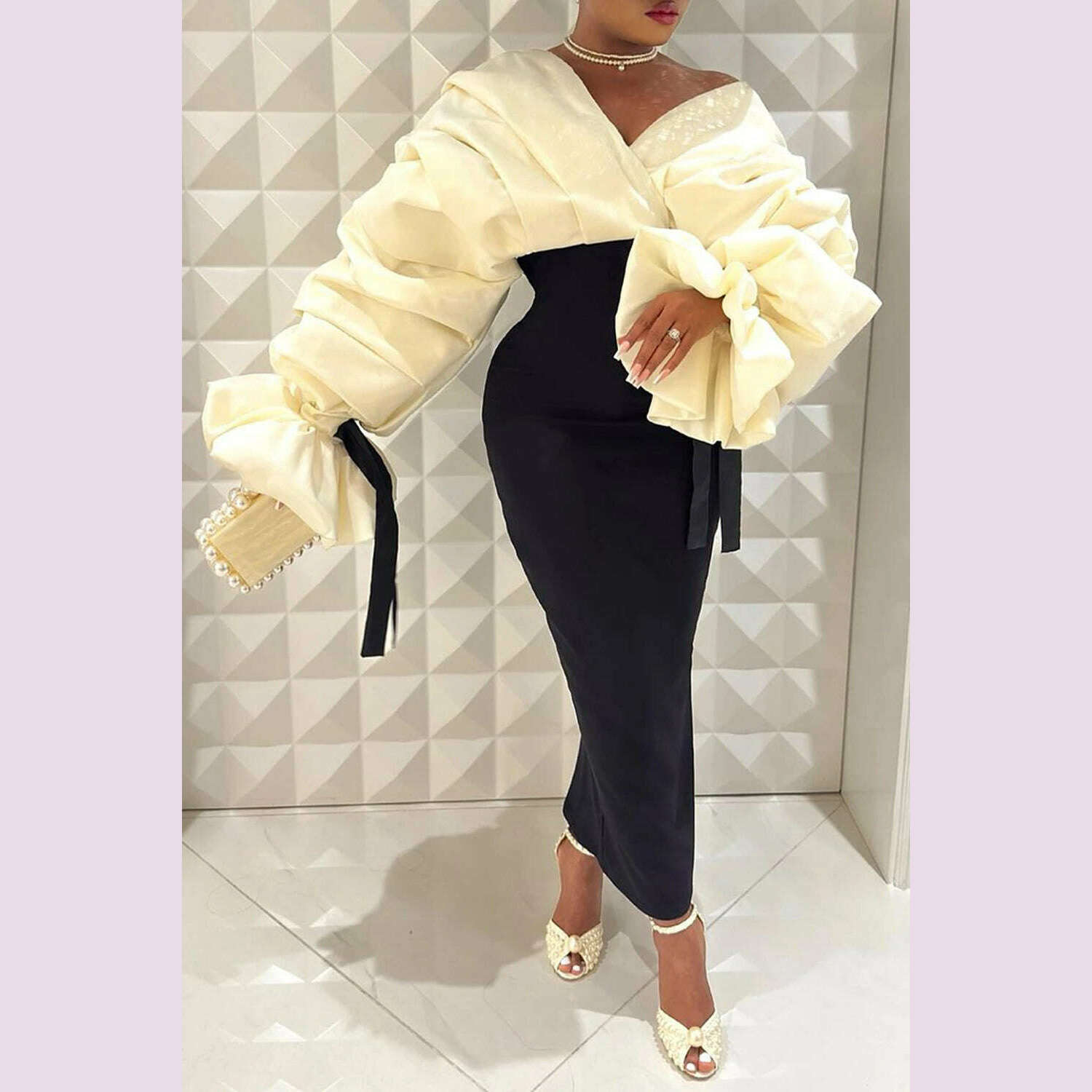 KIMLUD, Plus Size Formal Black Wrap Neck Batwing Sleeve Long Sleeve Fold Maxi Dresses, KIMLUD Womens Clothes