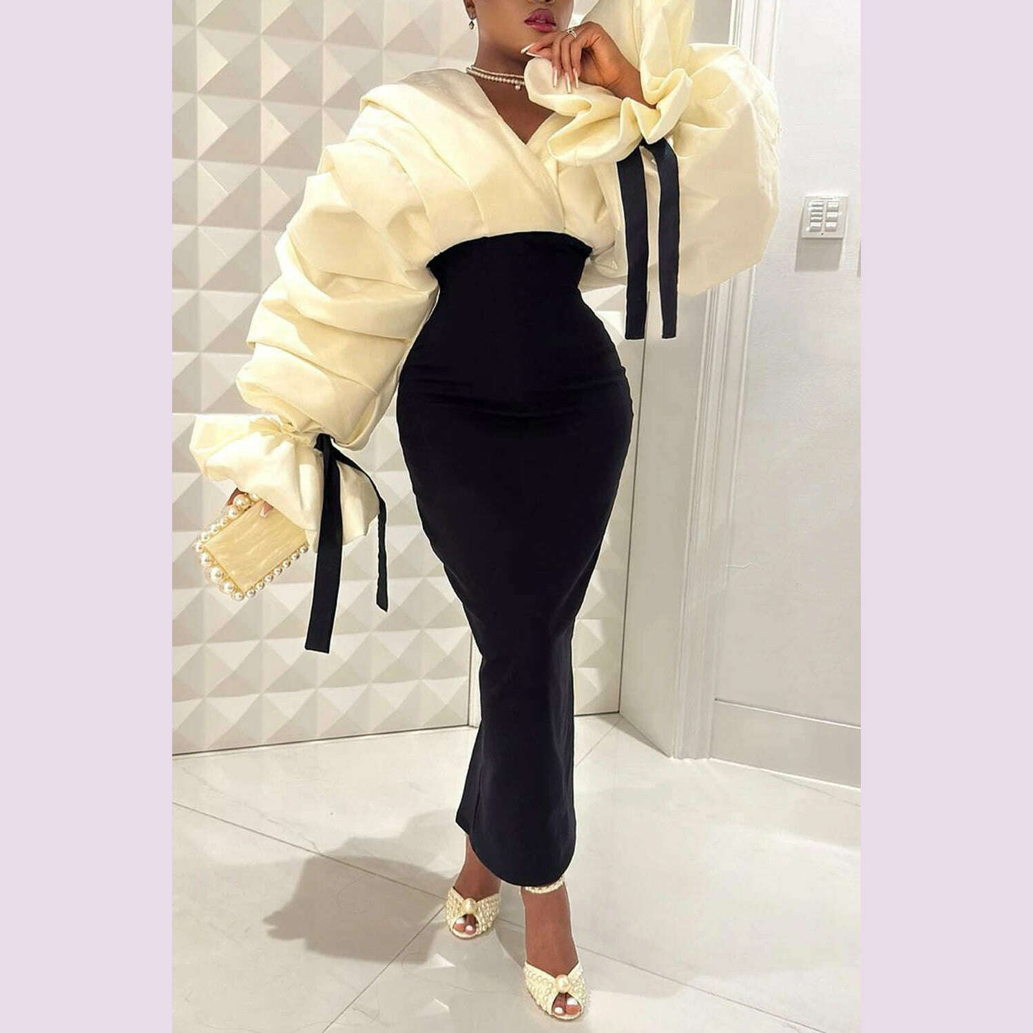 KIMLUD, Plus Size Formal Black Wrap Neck Batwing Sleeve Long Sleeve Fold Maxi Dresses, KIMLUD Womens Clothes