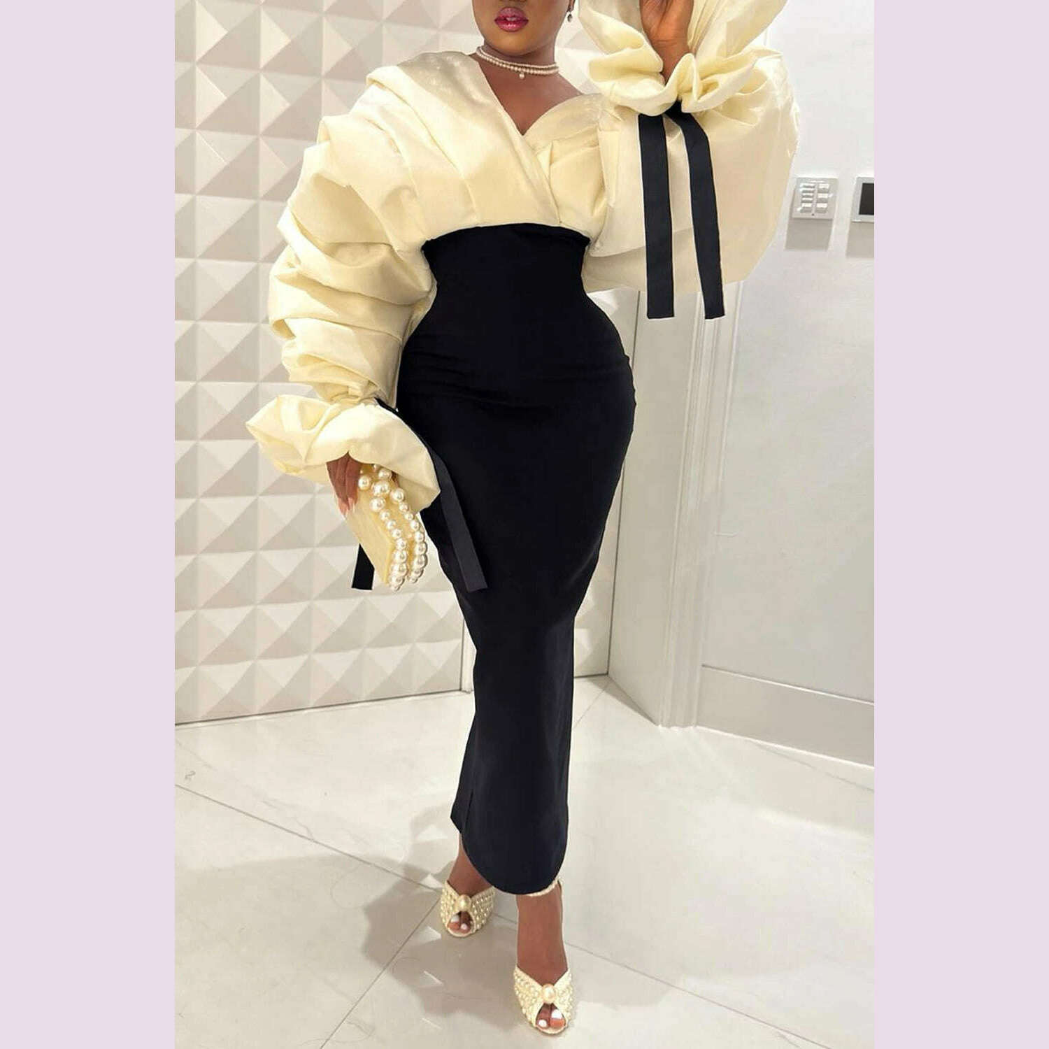 KIMLUD, Plus Size Formal Black Wrap Neck Batwing Sleeve Long Sleeve Fold Maxi Dresses, black / 1XL, KIMLUD APPAREL - Womens Clothes