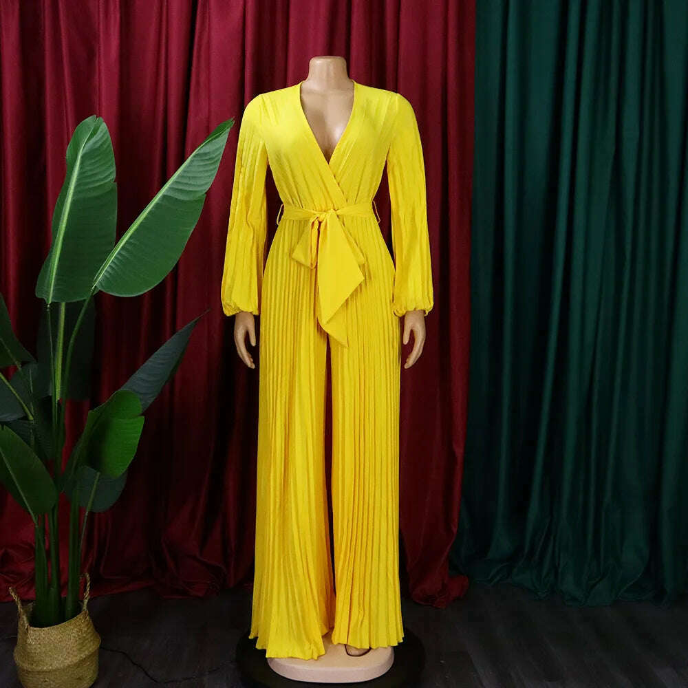 Plus Size Pleated Jumpsuit Female Casual Loose Elegant Clothing Women One Piece Outfit 2023 Autumn Fashion Wide Leg Pants - KIMLUD