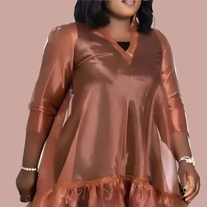 Plus Size Semi Formal Midi Dresses Casual Brown Fall Winter V Neck 3/4 Sleeve Flounce Organza Midi Dresses - KIMLUD