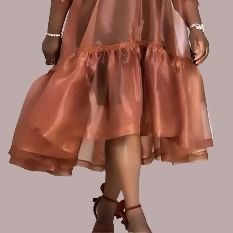 Plus Size Semi Formal Midi Dresses Casual Brown Fall Winter V Neck 3/4 Sleeve Flounce Organza Midi Dresses - KIMLUD