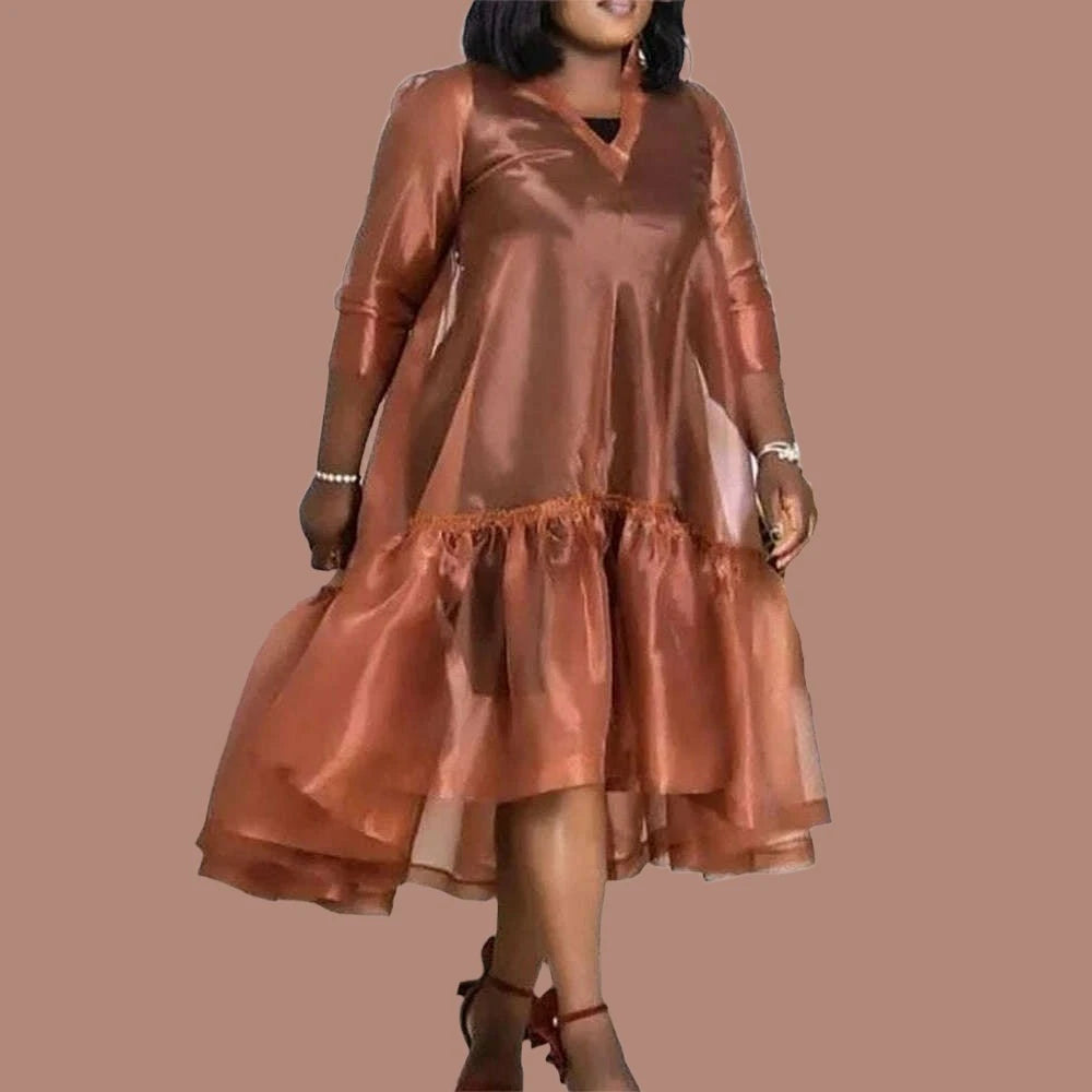 Plus Size Semi Formal Midi Dresses Casual Brown Fall Winter V Neck 3/4 Plus Size Semi Formal Midi Dresses Casual Brown Fall Winter V Neck 3/4