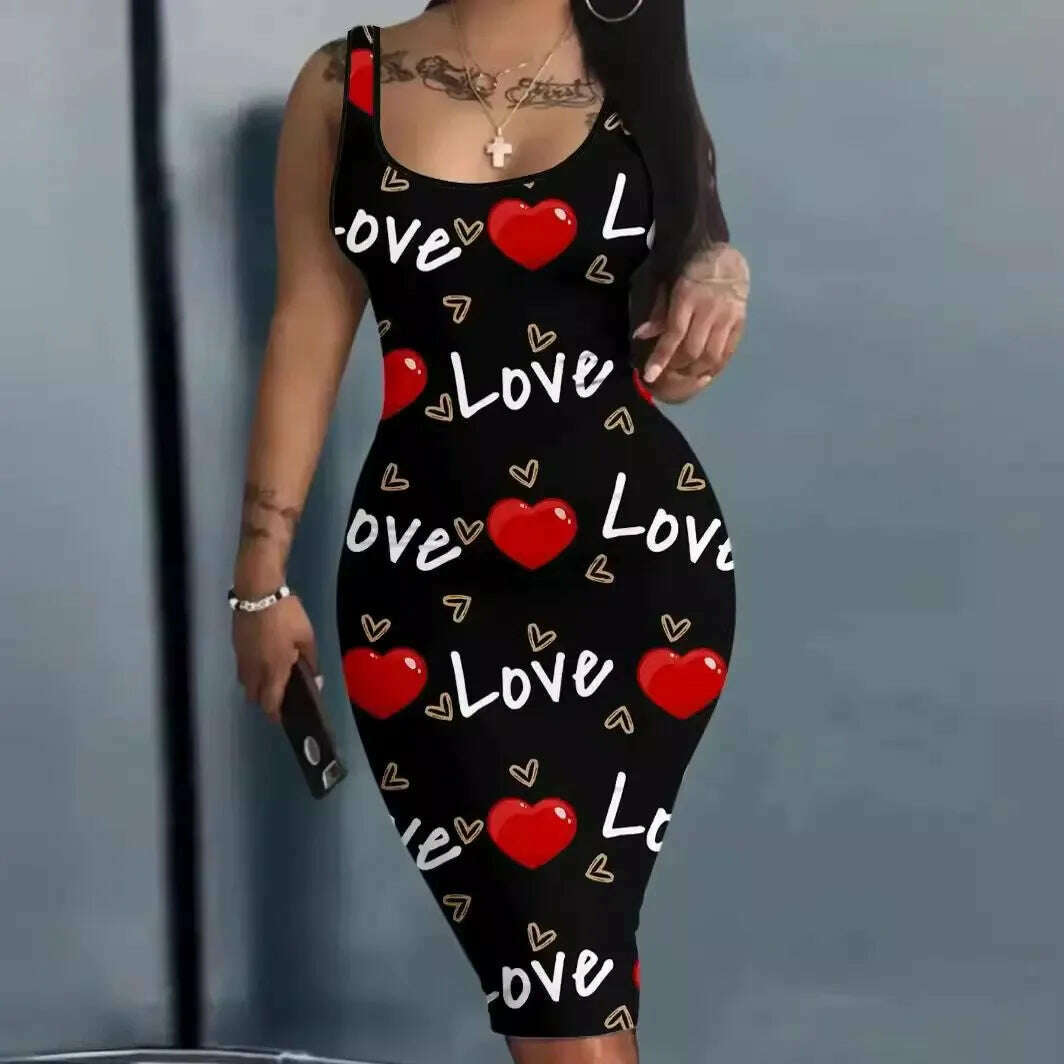 KIMLUD, Plus Size Summer Women's Dresses Fashion Contrast Heart Print U-Neck Sleeveless Casual Bodycon Mini Dress, KIMLUD Womens Clothes