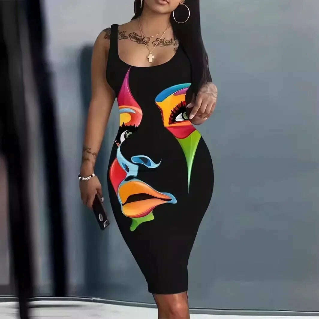 KIMLUD, Plus Size Summer Women's Dresses Fashion Contrast Heart Print U-Neck Sleeveless Casual Bodycon Mini Dress, Multicolor / XXL, KIMLUD APPAREL - Womens Clothes