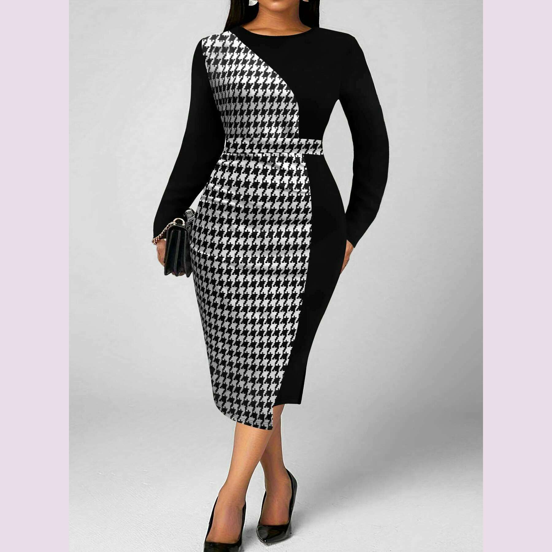 KIMLUD, Plus Size Women's Dress Elegant and Fashion Thousand Birds Grid Printing Splicing Cuffs Long Sleeves Tight Long Dress, KIMLUD Womens Clothes