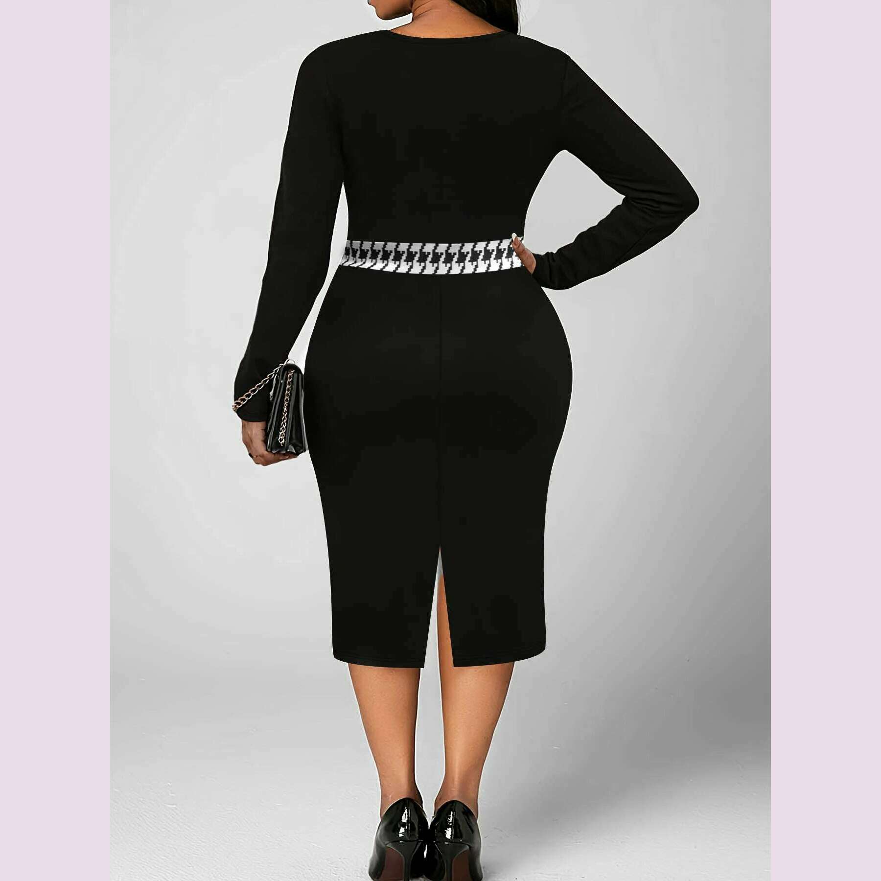 KIMLUD, Plus Size Women's Dress Elegant and Fashion Thousand Birds Grid Printing Splicing Cuffs Long Sleeves Tight Long Dress, KIMLUD Womens Clothes