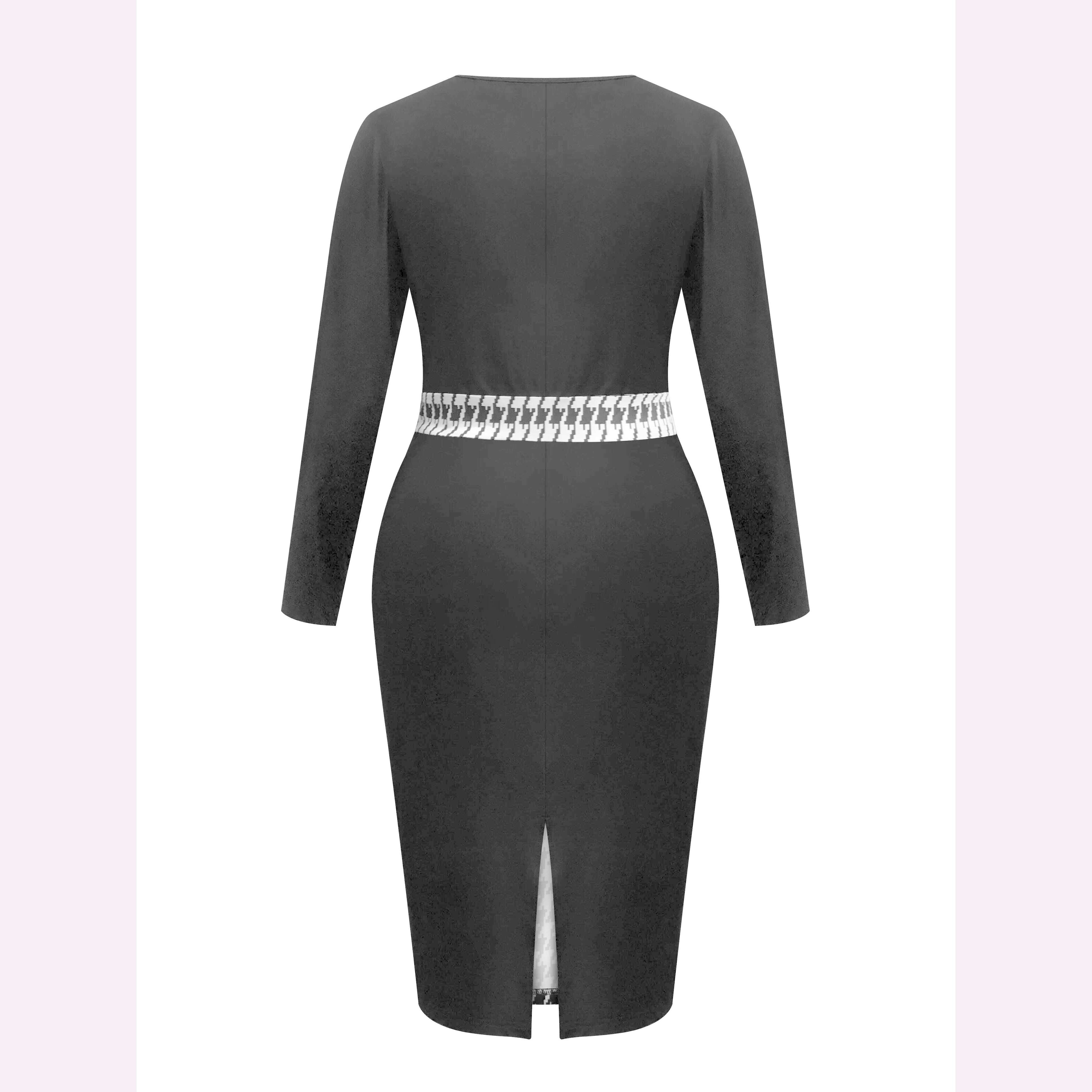 KIMLUD, Plus Size Women's Dress Elegant and Fashion Thousand Birds Grid Printing Splicing Cuffs Long Sleeves Tight Long Dress, KIMLUD Womens Clothes