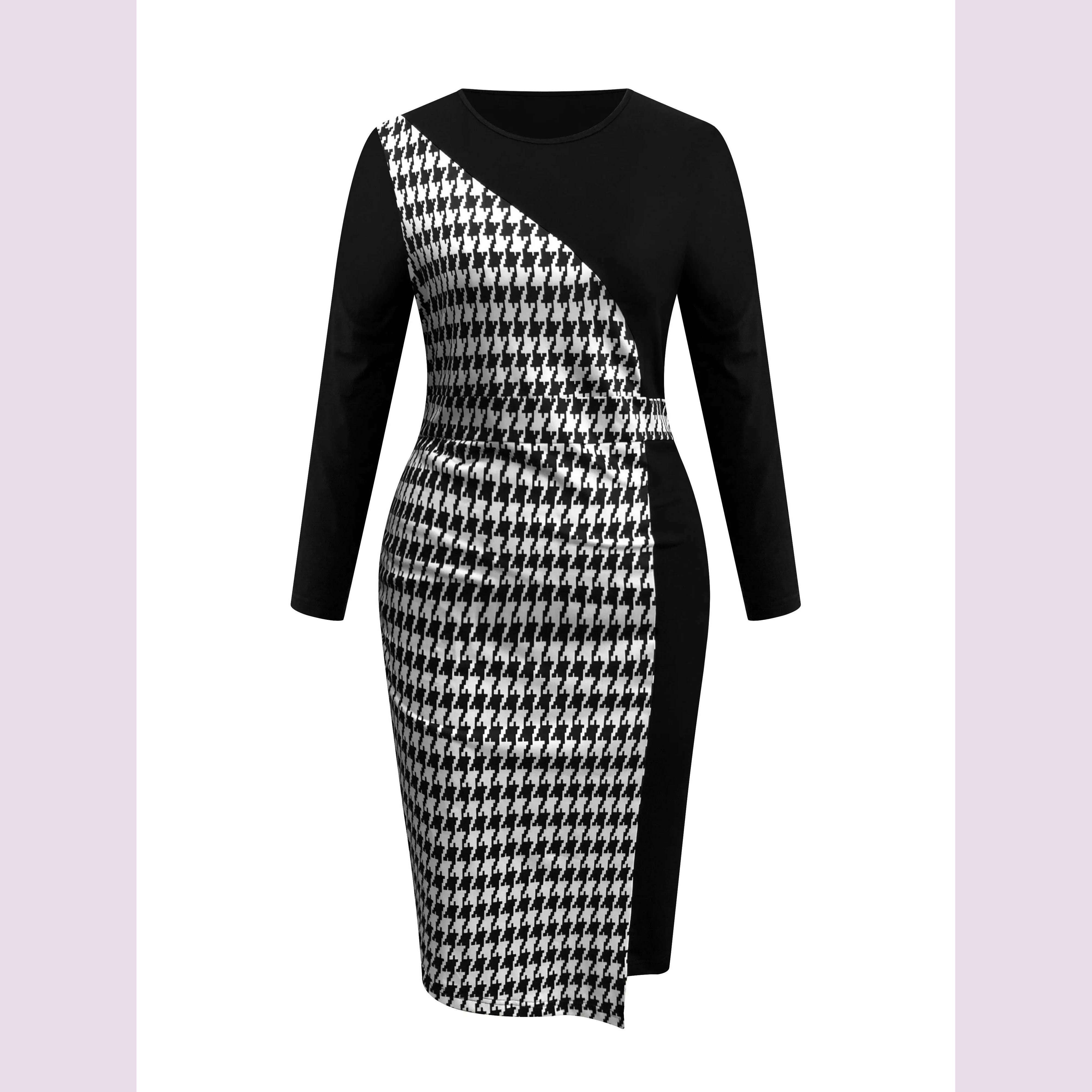 KIMLUD, Plus Size Women's Dress Elegant and Fashion Thousand Birds Grid Printing Splicing Cuffs Long Sleeves Tight Long Dress, black / 2XL, KIMLUD APPAREL - Womens Clothes