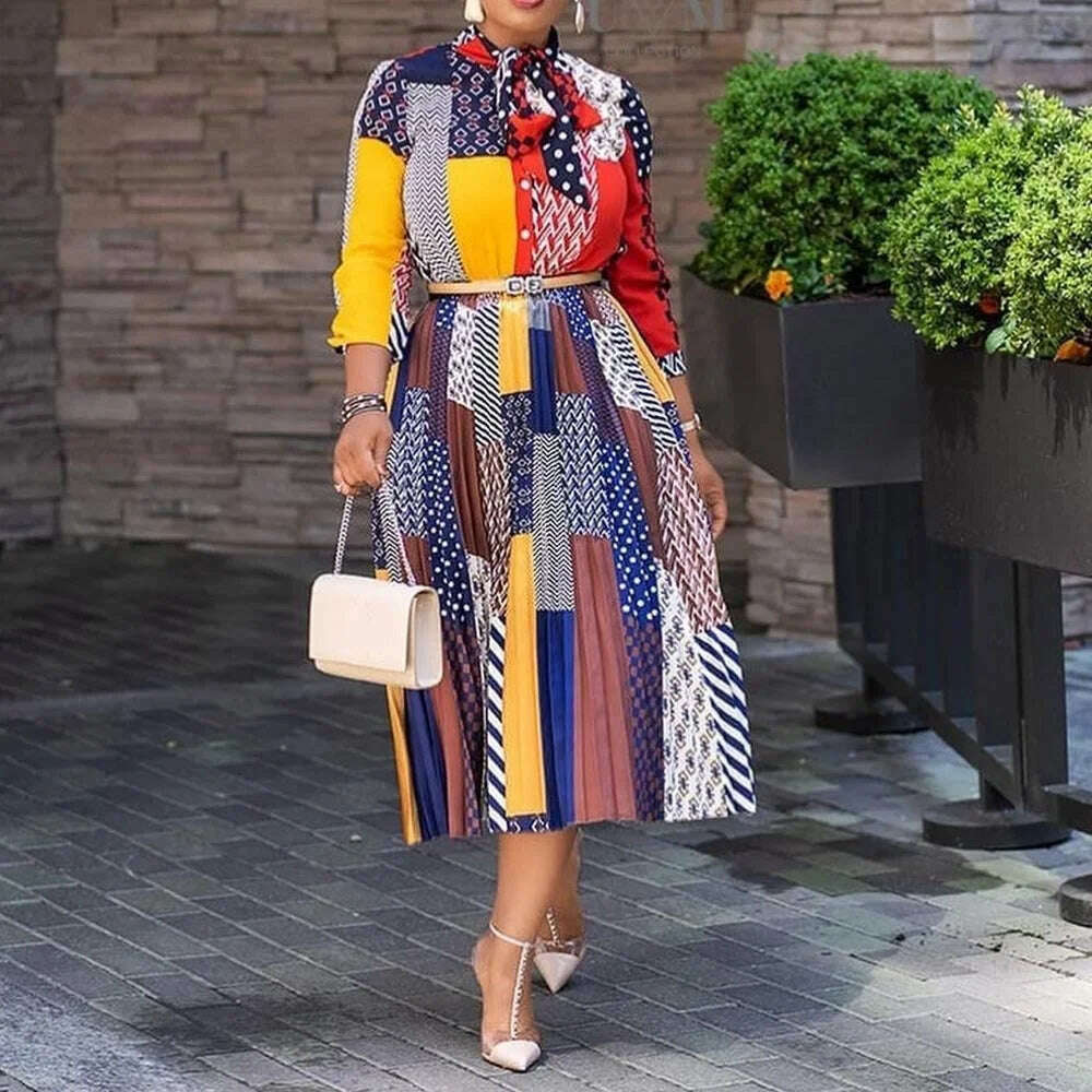 KIMLUD, Plus Size Women's Dress Spring Summer 2023 New Dress Style Printed Bow Neck Temperament 3/4 Sleeve Midlength Dress Women's Dress, Blue / 4XL, KIMLUD APPAREL - Womens Clothes
