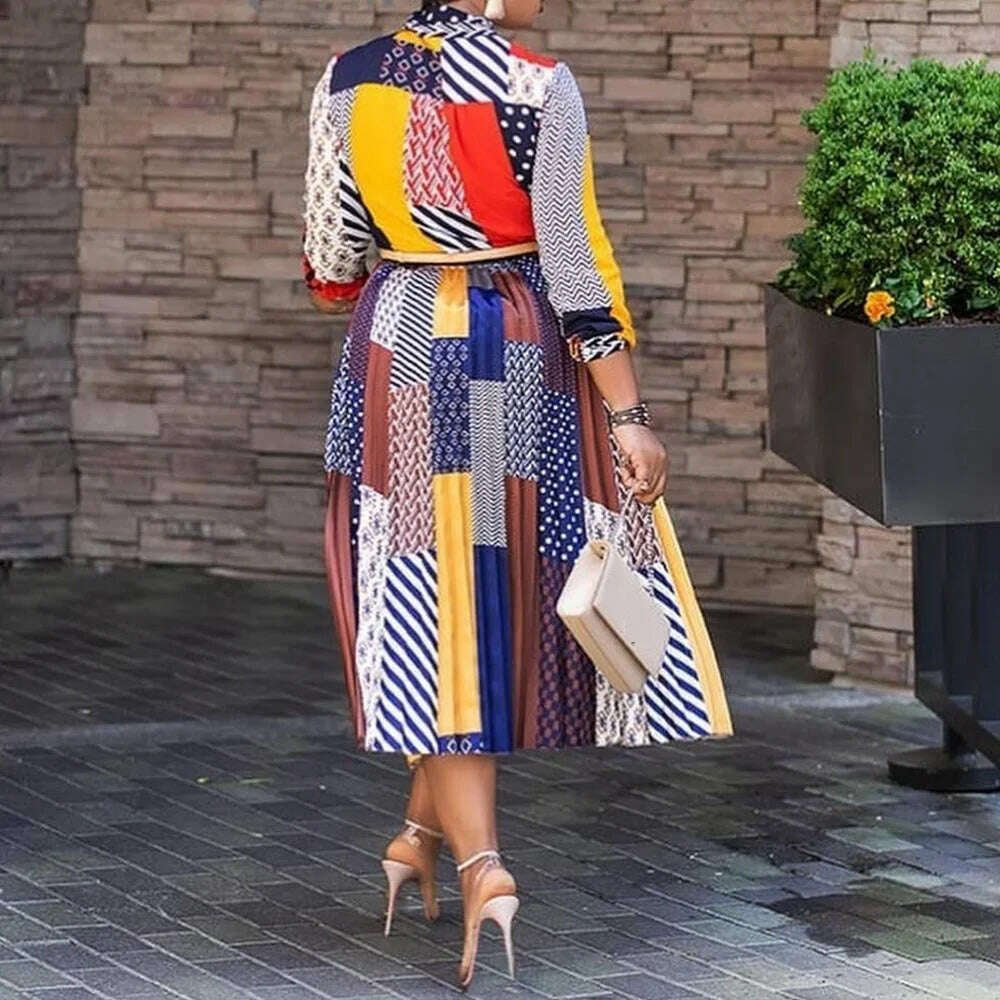 KIMLUD, Plus Size Women's Dress Spring Summer 2023 New Dress Style Printed Bow Neck Temperament 3/4 Sleeve Midlength Dress Women's Dress, KIMLUD Womens Clothes