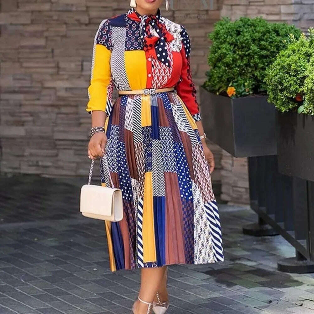 KIMLUD, Plus Size Women's Dress Spring Summer 2023 New Dress Style Printed Bow Neck Temperament 3/4 Sleeve Midlength Dress Women's Dress, KIMLUD Womens Clothes