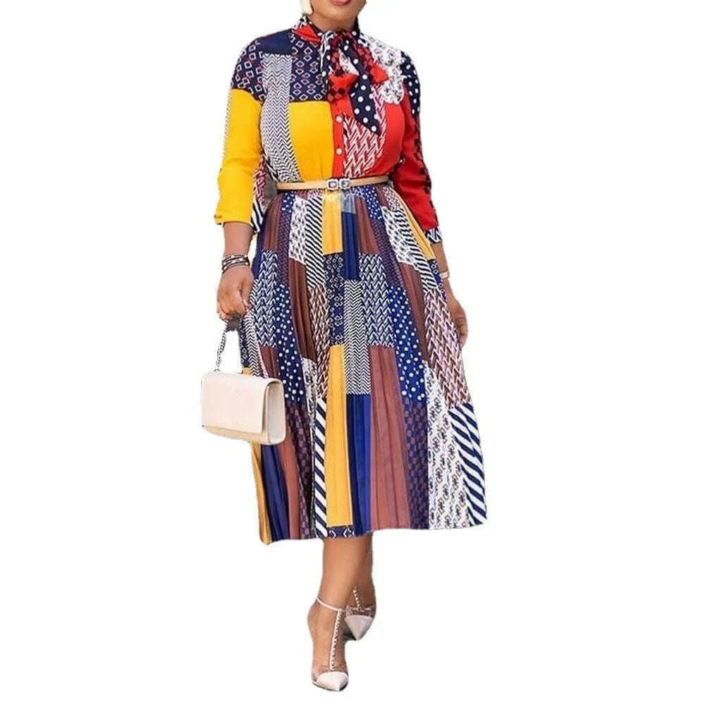 KIMLUD, Plus Size Women's Dress Spring Summer 2023 New Dress Style Printed Bow Neck Temperament 3/4 Sleeve Midlength Dress Women's Dress, KIMLUD Womens Clothes
