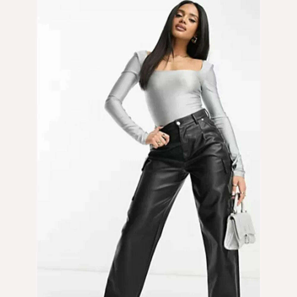 KIMLUD, Plus Size Women's Silver Long Sleeve T shirt Square Neck Disco Skin-tight Garment Oversized Backless Sexy Slim Fashion Tee Top, KIMLUD Womens Clothes