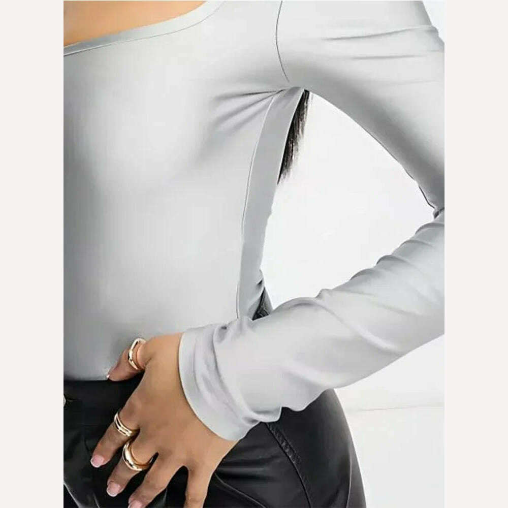 KIMLUD, Plus Size Women's Silver Long Sleeve T shirt Square Neck Disco Skin-tight Garment Oversized Backless Sexy Slim Fashion Tee Top, KIMLUD Womens Clothes