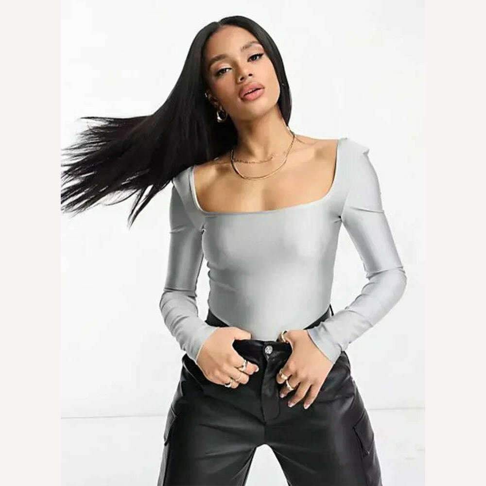KIMLUD, Plus Size Women's Silver Long Sleeve T shirt Square Neck Disco Skin-tight Garment Oversized Backless Sexy Slim Fashion Tee Top, KIMLUD Womens Clothes