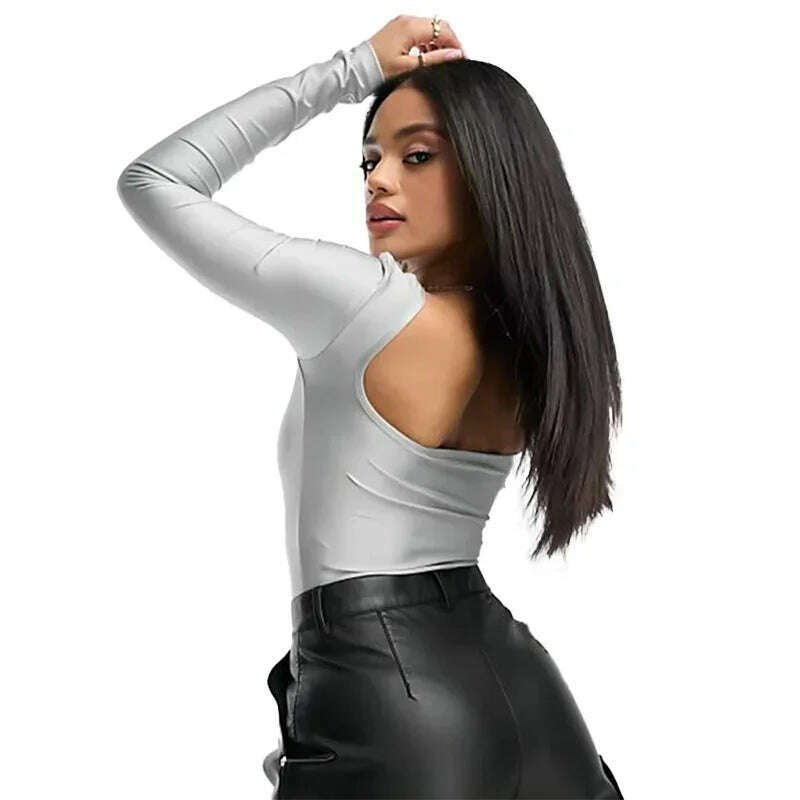 KIMLUD, Plus Size Women's Silver Long Sleeve T shirt Square Neck Disco Skin-tight Garment Oversized Backless Sexy Slim Fashion Tee Top, Silver / 4XL, KIMLUD APPAREL - Womens Clothes