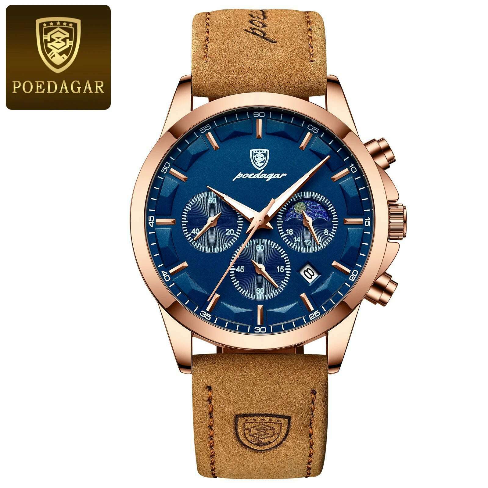 KIMLUD, POEDAGAR Men Quartz Watch Luxury Sports Waterproof Chronograph Luminous Date Man Wristwatch Business Leather Men's Watches Clock, Rose Gold Blue L / CN, KIMLUD Women's Clothes