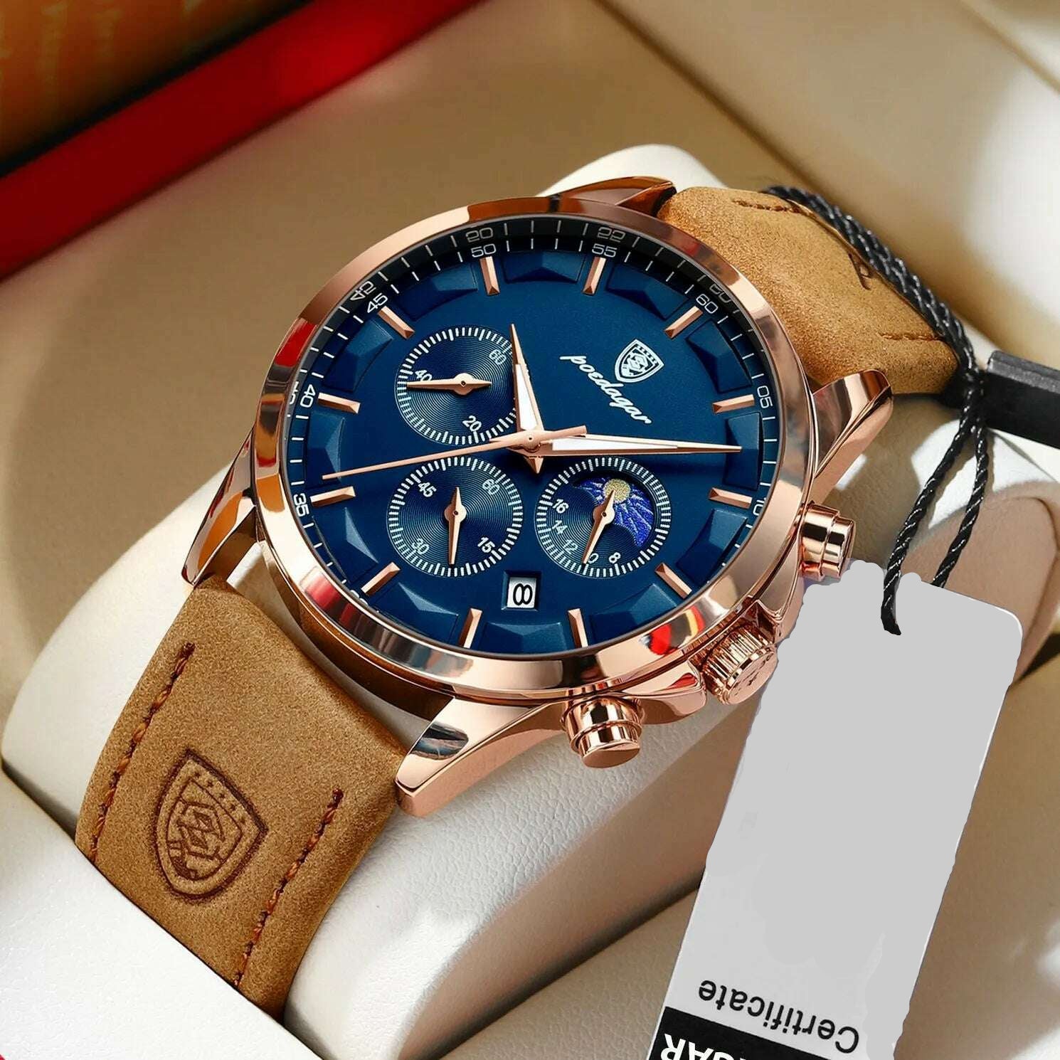 KIMLUD, POEDAGAR Men Quartz Watch Luxury Sports Waterproof Chronograph Luminous Date Man Wristwatch Business Leather Men's Watches Clock, KIMLUD Womens Clothes