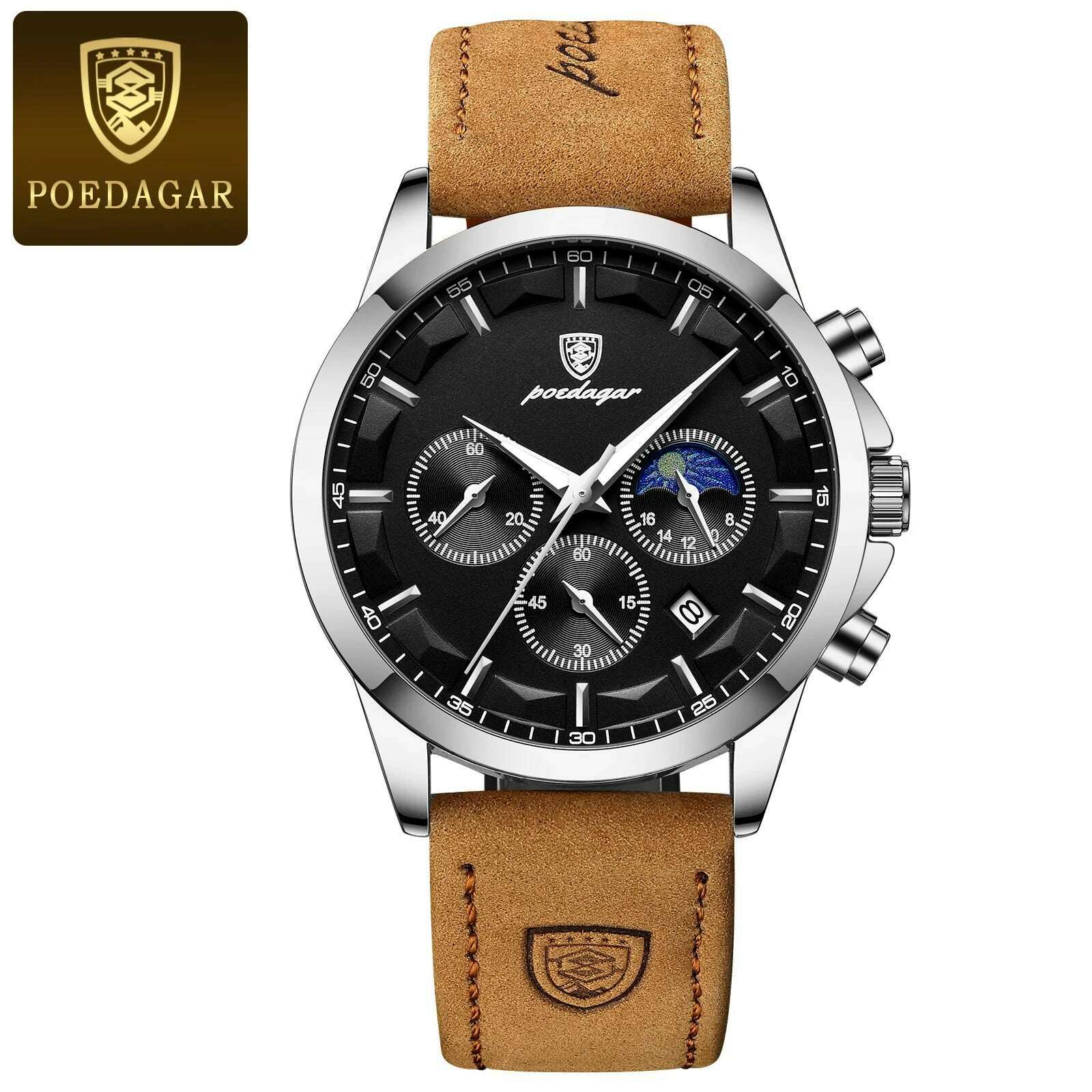 KIMLUD, POEDAGAR Men Quartz Watch Luxury Sports Waterproof Chronograph Luminous Date Man Wristwatch Business Leather Men's Watches Clock, Silver Black L / CN, KIMLUD Womens Clothes