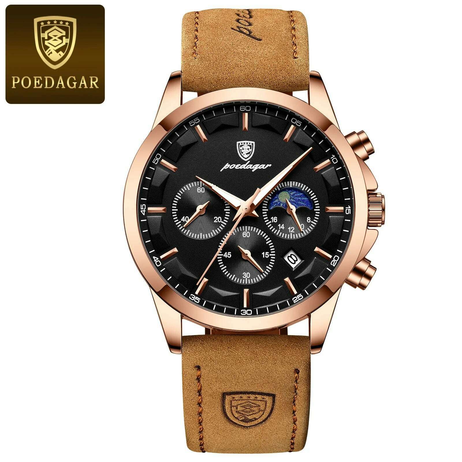 KIMLUD, POEDAGAR Men Quartz Watch Luxury Sports Waterproof Chronograph Luminous Date Man Wristwatch Business Leather Men's Watches Clock, Rose Gold Black L / CN, KIMLUD Womens Clothes