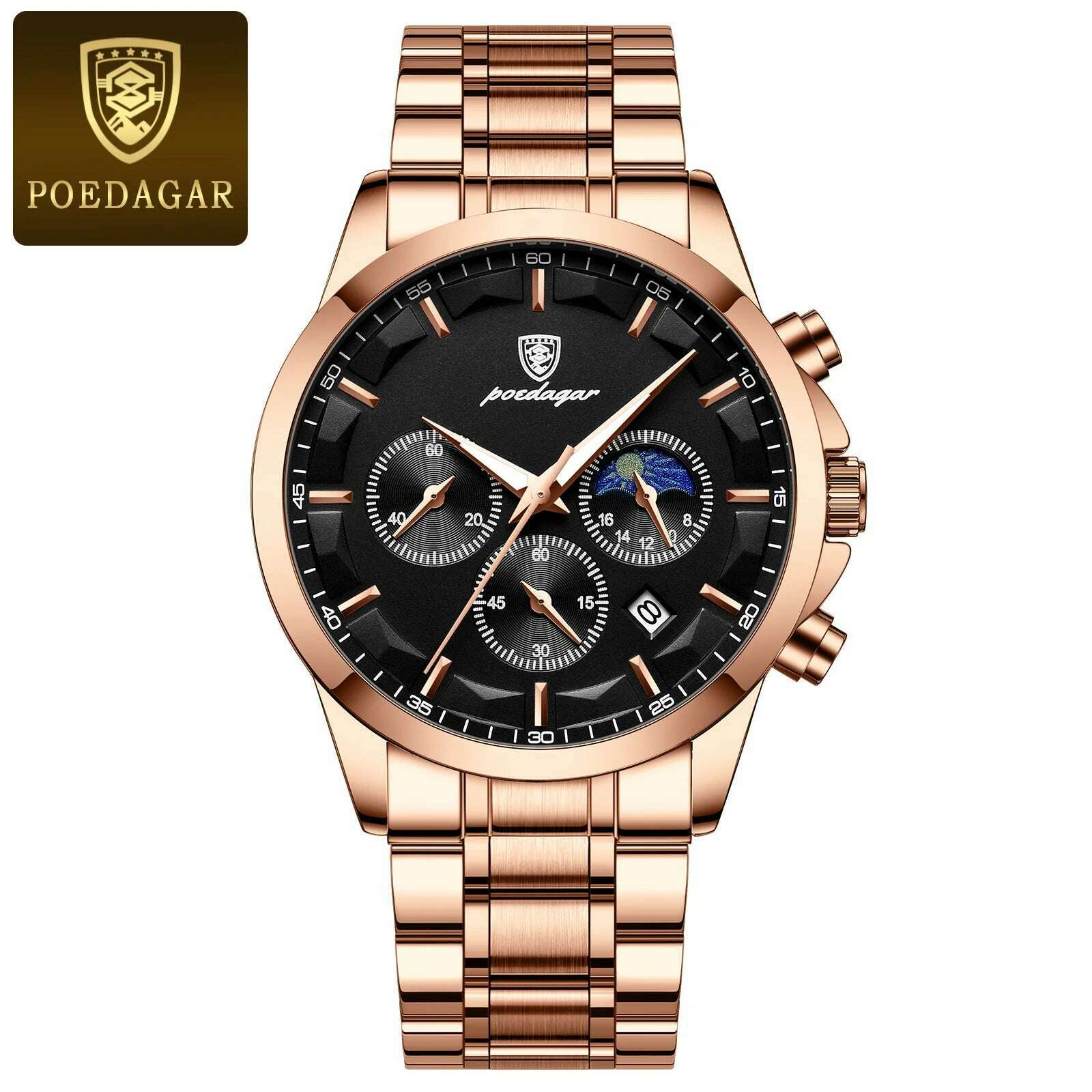 KIMLUD, POEDAGAR Men Quartz Watch Luxury Sports Waterproof Chronograph Luminous Date Man Wristwatch Business Leather Men's Watches Clock, Rose Gold Black S / CN, KIMLUD Womens Clothes