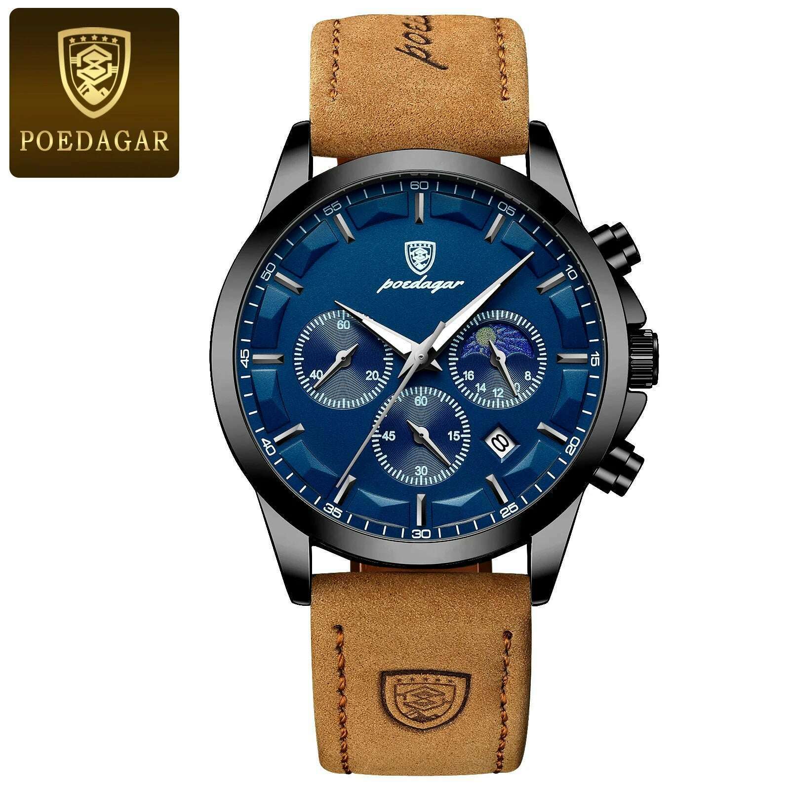 KIMLUD, POEDAGAR Men Quartz Watch Luxury Sports Waterproof Chronograph Luminous Date Man Wristwatch Business Leather Men's Watches Clock, Black Blue L / CN, KIMLUD Womens Clothes