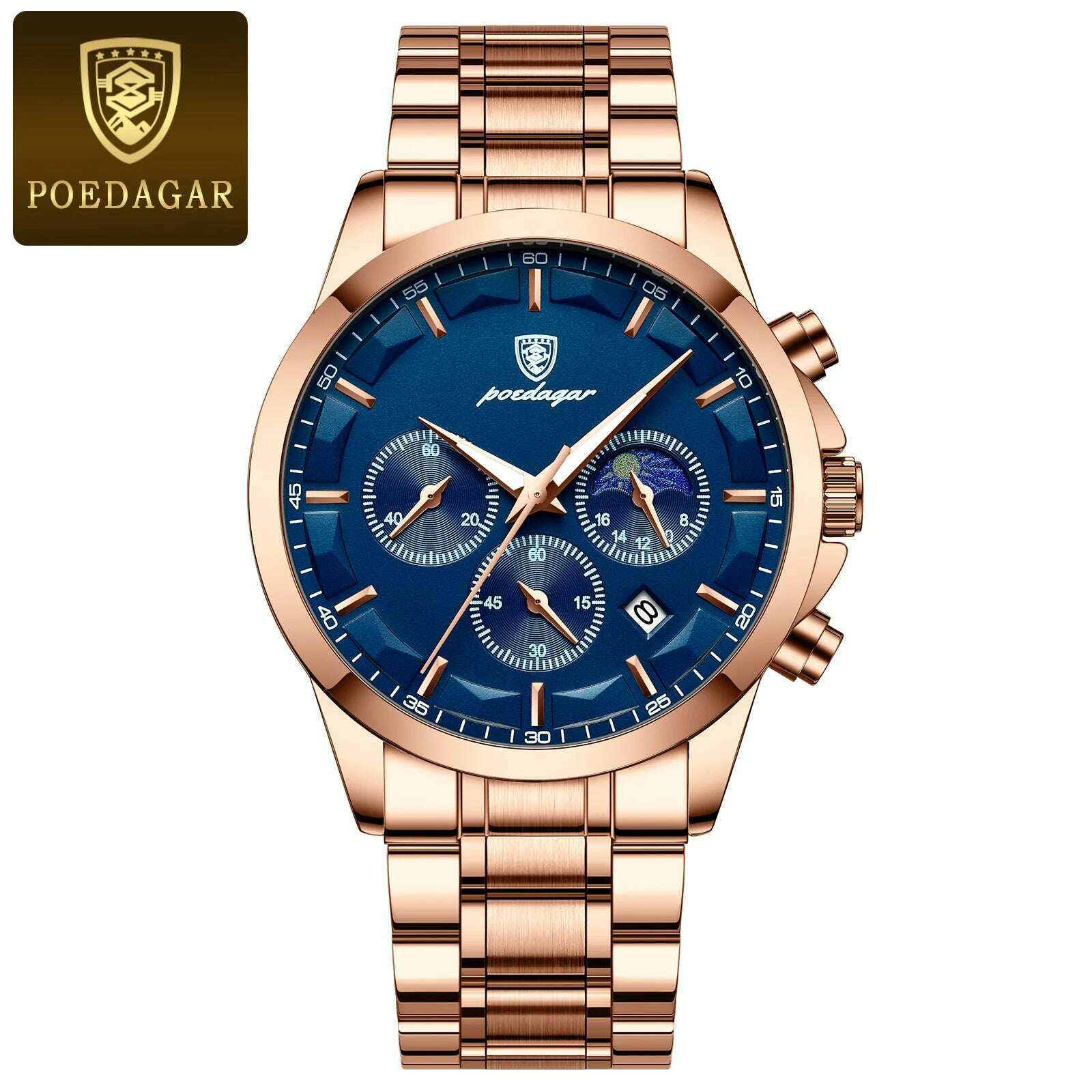 KIMLUD, POEDAGAR Men Quartz Watch Luxury Sports Waterproof Chronograph Luminous Date Man Wristwatch Business Leather Men's Watches Clock, Rose Gold Blue S / CN, KIMLUD Womens Clothes