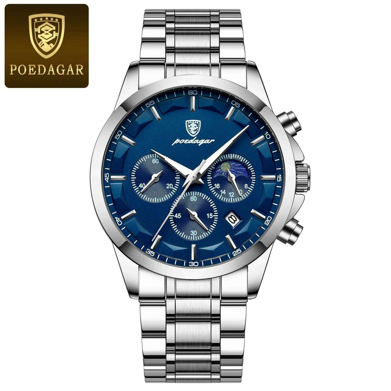 KIMLUD, POEDAGAR Men Quartz Watch Luxury Sports Waterproof Chronograph Luminous Date Man Wristwatch Business Leather Men's Watches Clock, Silver Blue S / CN, KIMLUD Womens Clothes