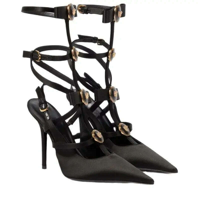 Pointed Bow, Hollowed Out Belt Buckle, Solid Color Sexy Banquet Sandals, Toe Wrapped Thin High Heels, Metal Decorative Sandals - KIMLUD