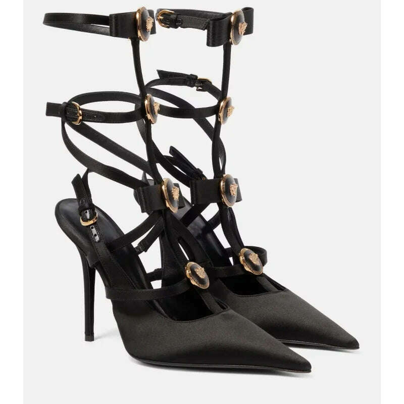 Pointed Bow, Hollowed Out Belt Buckle, Solid Color Sexy Banquet Sandals, Toe Wrapped Thin High Heels, Metal Decorative Sandals - KIMLUD