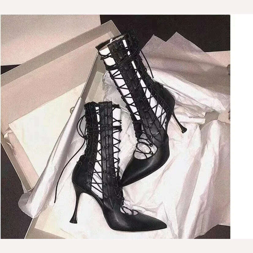 KIMLUD, Pointed hollow gold fashion boots for autumn and winter 2024, new style with zip ties, high and thin heels, spicy cool boots, Black / 34, KIMLUD APPAREL - Womens Clothes