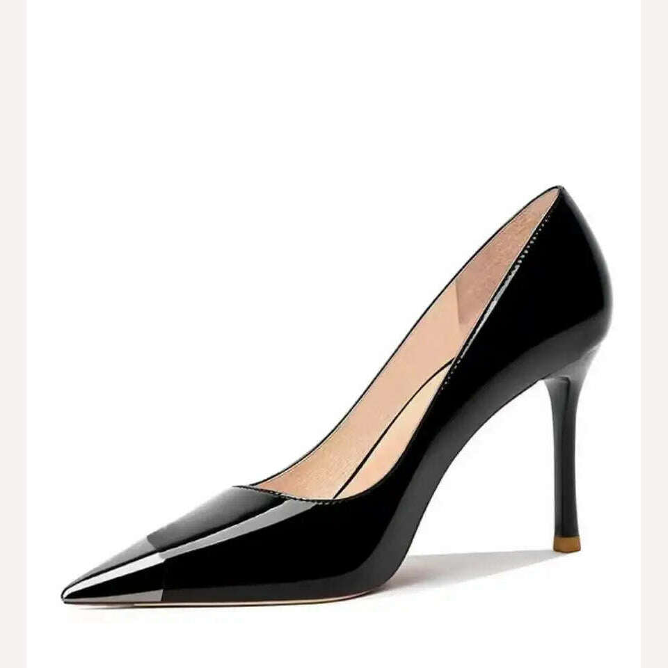 KIMLUD, Pointed patent leather back hollow high heels sandals, shallow cut single shoes, women's metal toe French solid color high heels, Black single shoe 10 / 34, KIMLUD APPAREL - Womens Clothes