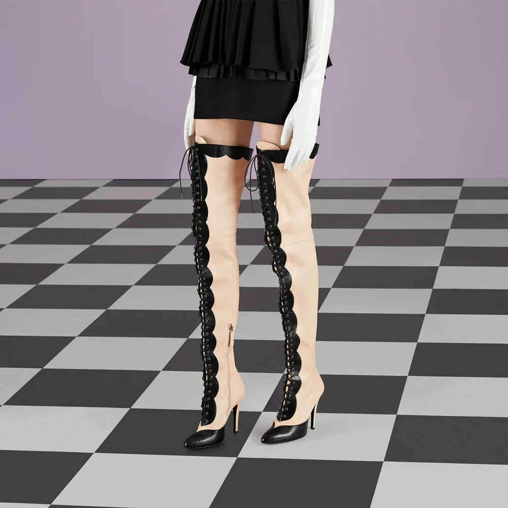 KIMLUD, Pointed Toe Lace Up Over The Knee Boots Stiletto Heels Front Cross Straps Sexy Elegance Women Party Dress Walk Show Shoes Winter, KIMLUD Womens Clothes