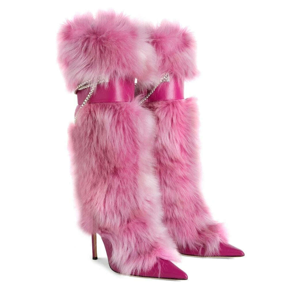 KIMLUD, Pointy Toe Knee High Fuchsia Chain Fur Boots Sexy Luxury Women Leather Thin High Heel Buckle Booties Fashion Pink Ladies Shoes, KIMLUD Womens Clothes
